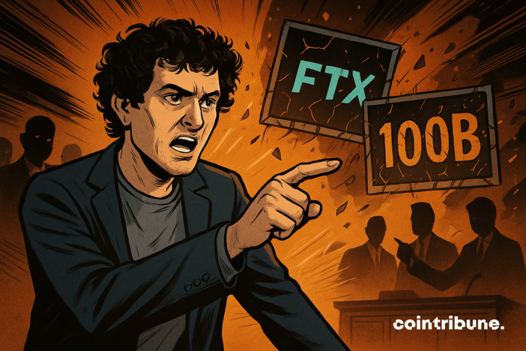 A comic book-style image of Sam Bankman-Fried angrily pointing at shadowed lawyers in a courtroom while shattered screens behind him display 