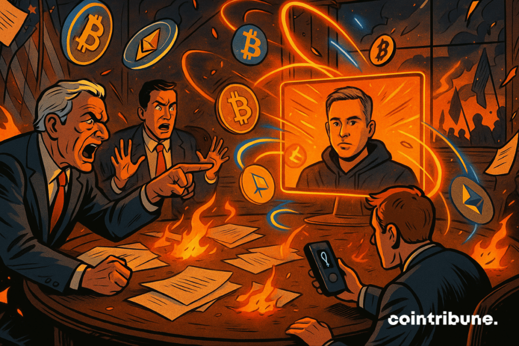 Senators debate a cryptocurrency bill as a hologram of David Sacks appears amid the incandescent chaos.