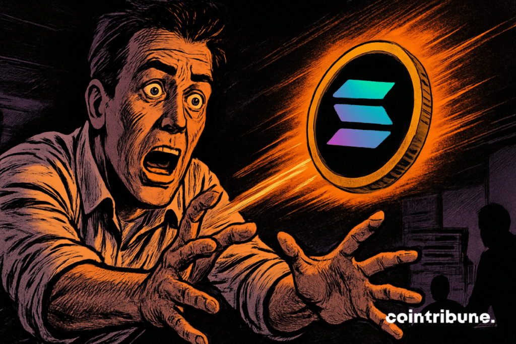 A panicked man stretches his hands towards a fleeing luminous Solana token, dark and dramatic atmosphere, 70s comics style.