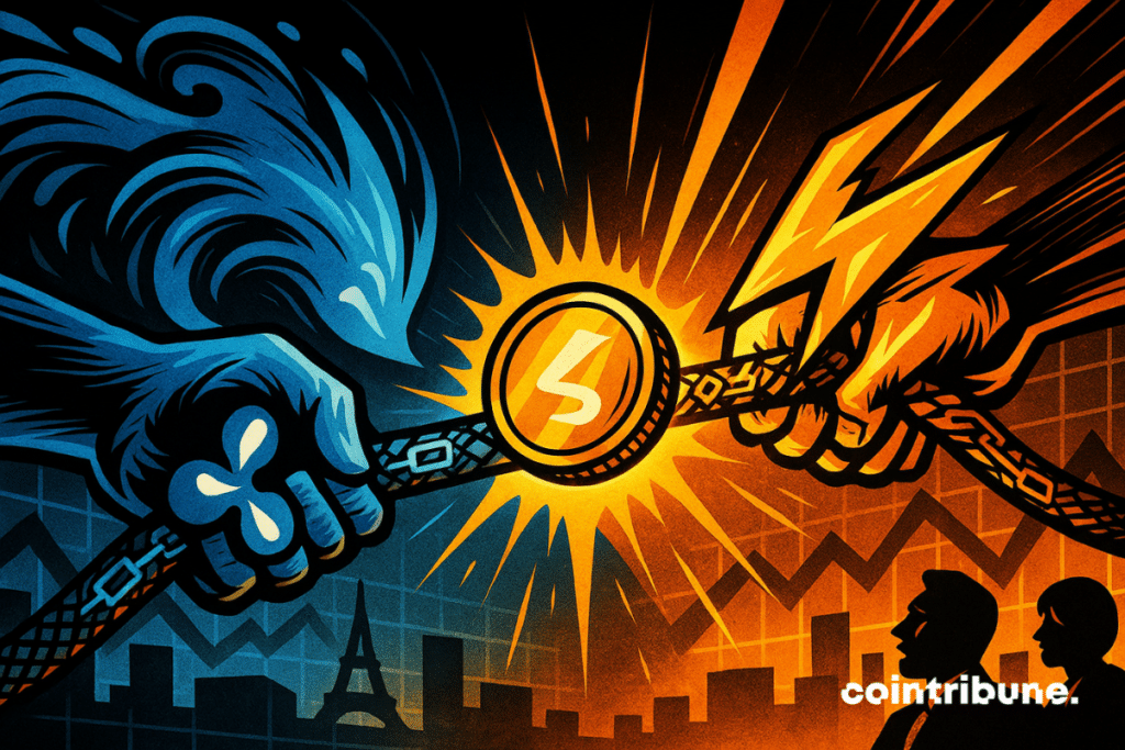 A blue XRP hand and an orange Solana hand pull a glowing blockchain rope as sparks fly in a tense, comic book standoff.