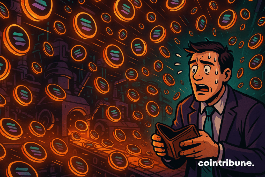 Cartoon style image of a panicked man holding an empty wallet as Solana tokens fly out of the machines.