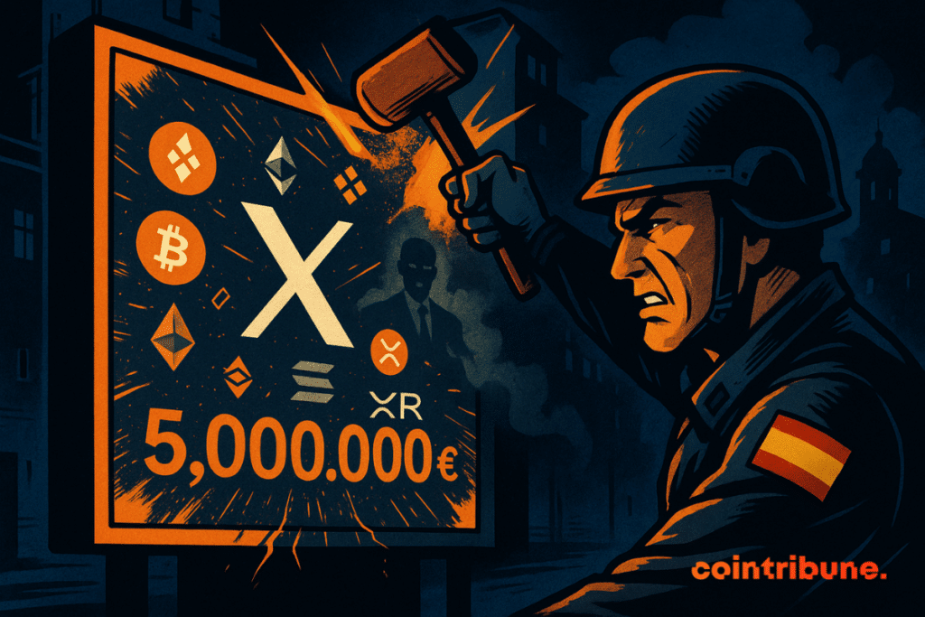A Spanish soldier smashes a crypto ad on a light screen, revealing a giant fine of 5 million euros.