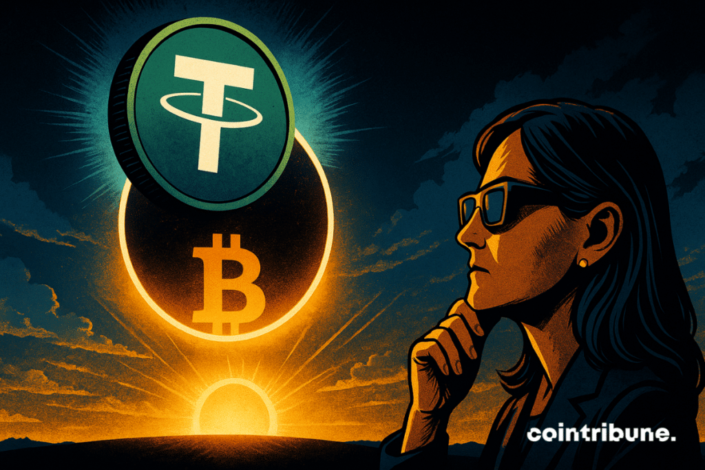 Bitcoin is represented as a sun on the horizon. A huge stablecoin (USDT) passes in front like a moon, creating an eclipse. Cathie Wood observes the scene with eclipse glasses.