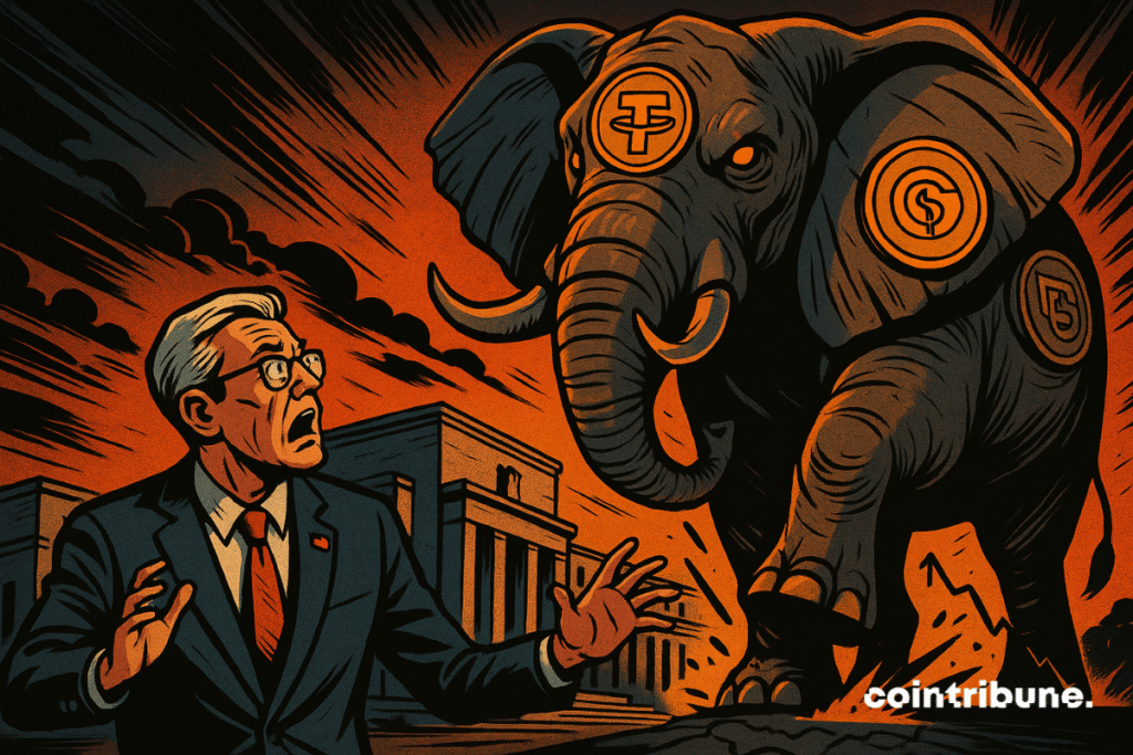 A terrified banker faced with a giant elephant made of stablecoins, crushing the steps of an institutional building. Dramatic atmosphere.