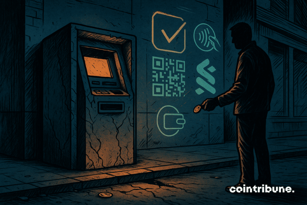An anonymous passerby is motionless, facing an abandoned, cracked vending machine (ATM), visibly out of service. He holds a coin or note in his hand, suspended in the air, in a hesitant posture, which symbolizes the end of cash as predicted by Standard Chartered.