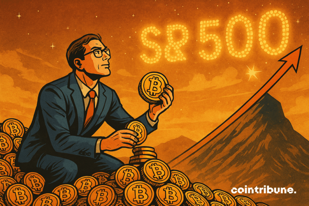 A man in a suit with strategic vision glasses stacks Bitcoins at the base of a mountain. At the top, a mirage shines with “S&P 500”, which symbolizes the upcoming integration of Strategy into this stock market index.