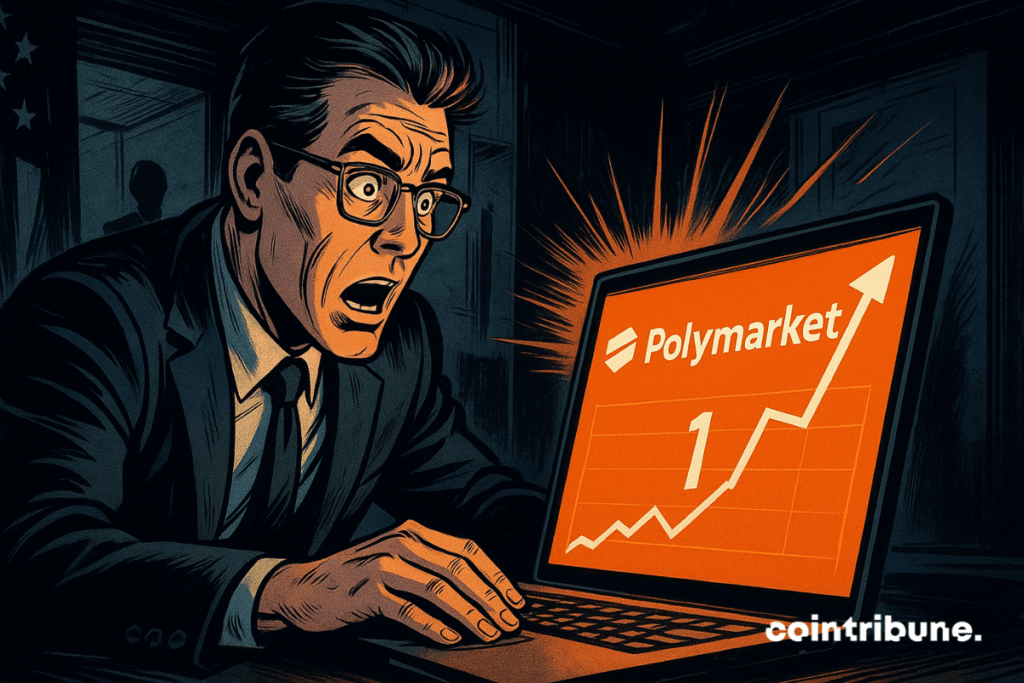 A shocked analyst observes a glowing orange screen revealing the return of Polymarket, in a dark, comic book-style office.
