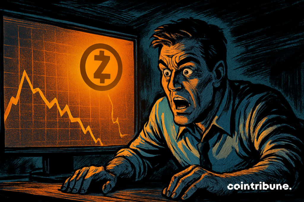 A panicked crypto trader watches a sharp drop in Zcash on his screen, lit by a dramatic and intense orange glow.