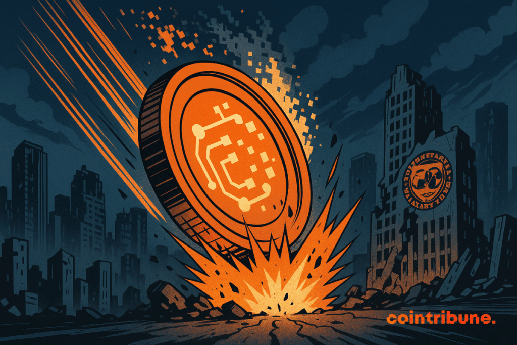 A giant digital token crashes violently into a dark city, causing an orange explosion, in front of collapsed buildings.