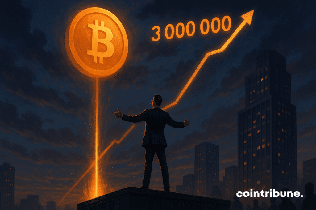 A man in a suit gazes at a giant illuminated Bitcoin, symbolizing a meteoric rise to $3,000,000.