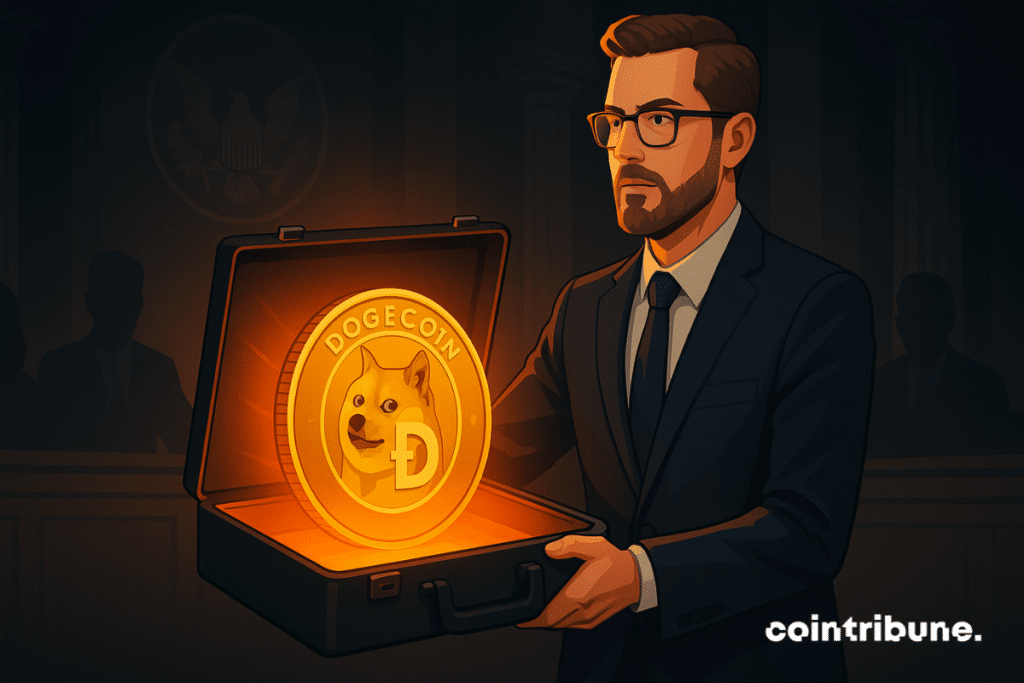 A man in a suit presents an open briefcase containing a glowing Dogecoin in front of shadowed SEC judges.