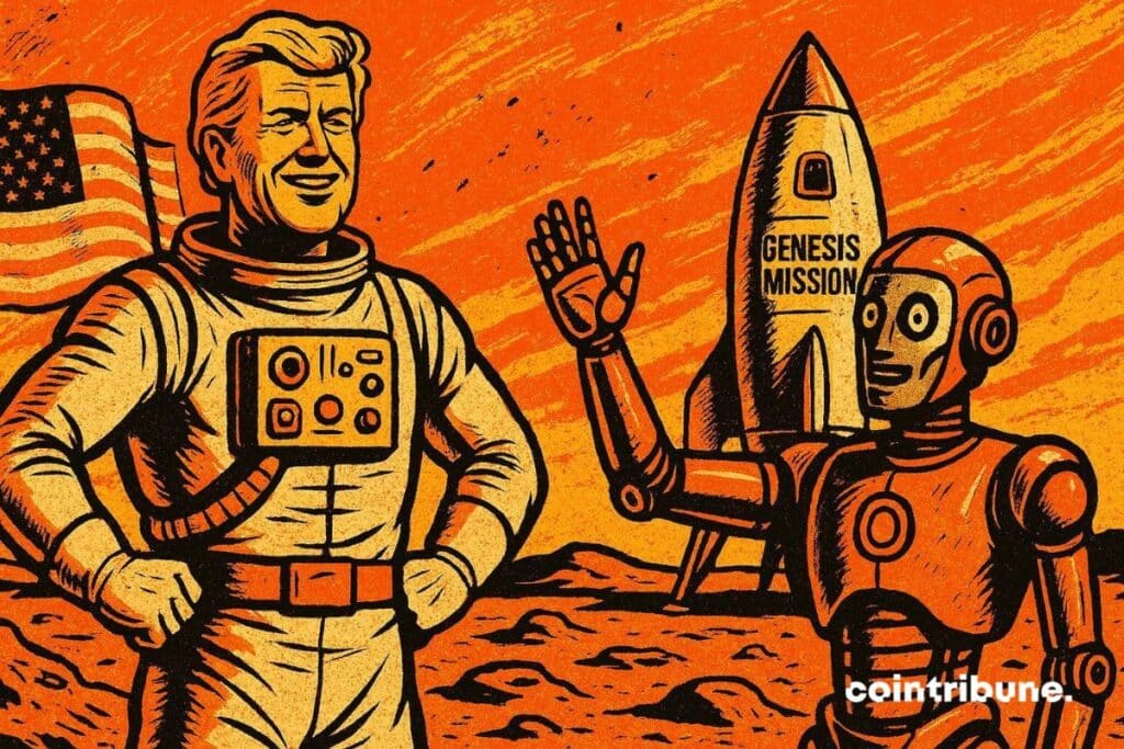 Donald Trump with an AI on the moon with a “Genesis Mission” rocket.