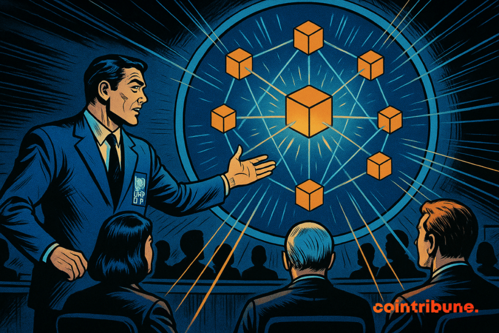 A man in a blue UNDP suit gestures toward a bright circular screen displaying connected orange cubes symbolizing blockchain, while officials watch intently in a dark room lit by blue and orange light.
