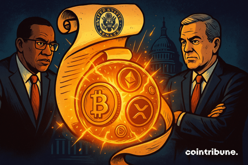 A legislative scroll floats spiraling around a glowing sphere filled with crypto tokens. The document is framed by two senators, which symbolizes a major turning point towards regulation.