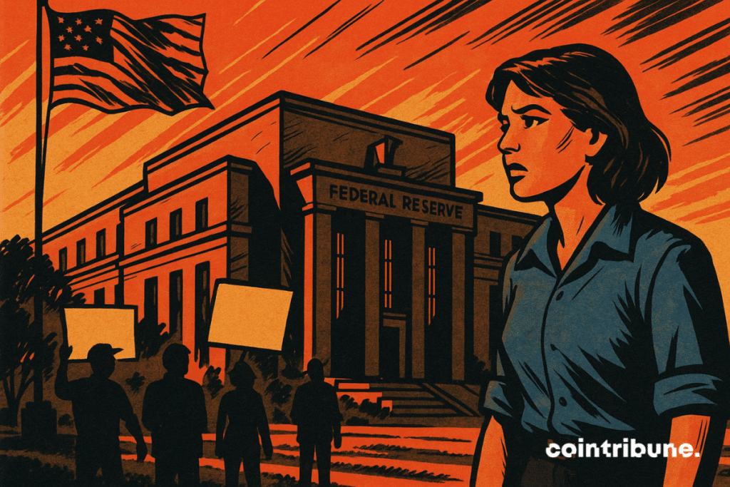 A 1970s-style cartoon illustration of a woman standing in front of the Federal Reserve as protesters hold up blank signs under an orange sky.