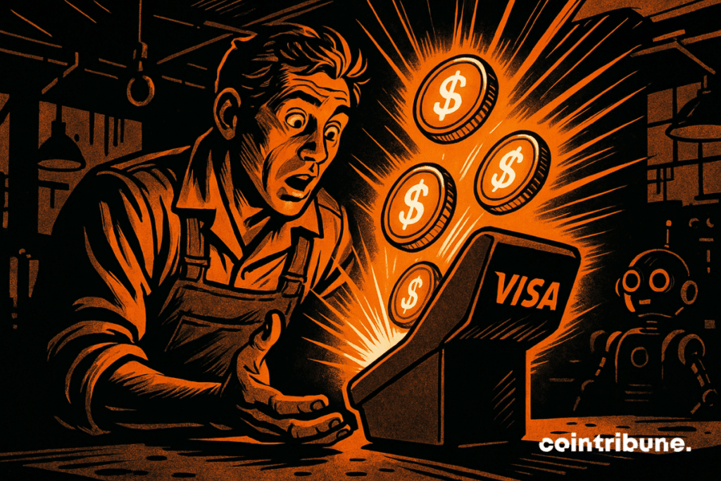 A stunned mechanic watches glowing digital tokens burst from a futuristic Visa terminal into a dark workshop lit by orange lights.