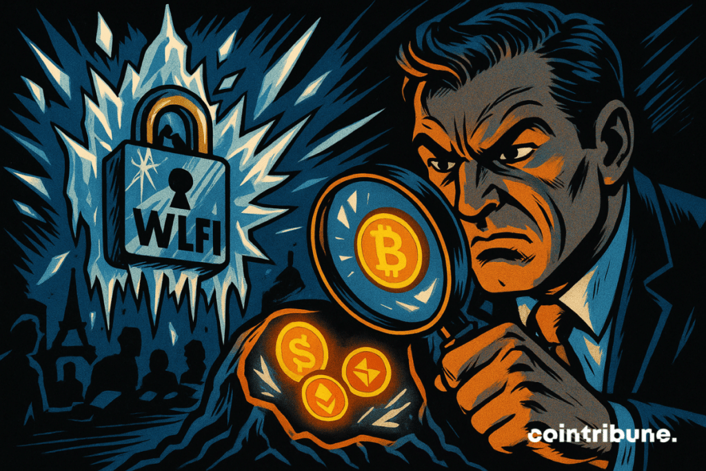 A stern investigator examines glowing crypto tokens under a magnifying glass, next to a WLFI-marked padlock frozen in ice, in a dramatic comic-book scene.