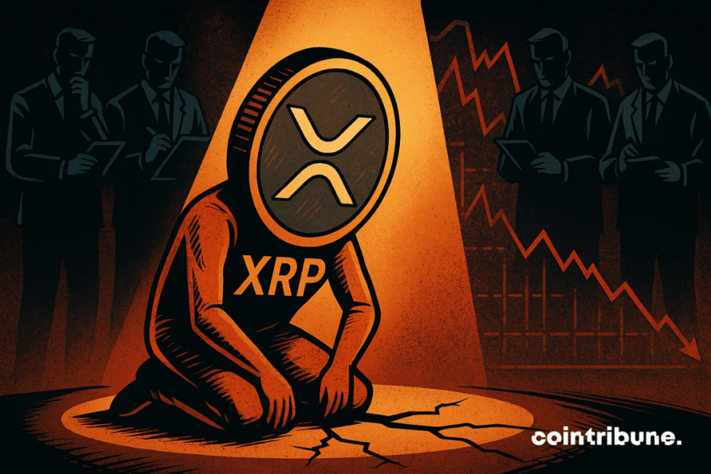 A representation of the XRP crypto on its knees under the analyst spotlight.