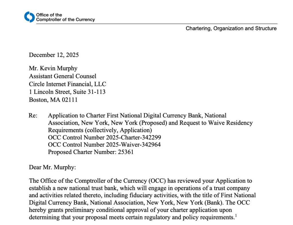The official release from the OCC granting Circle its national trust bank approval. Source: OCC