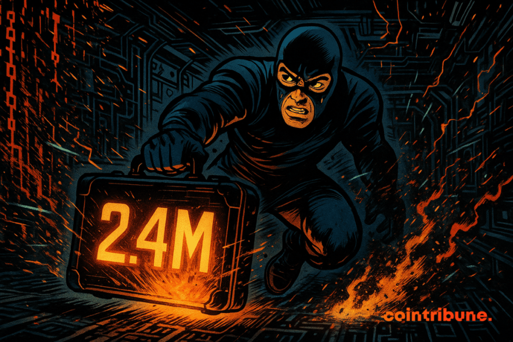A masked agent runs from a digital vault, holding an orange 