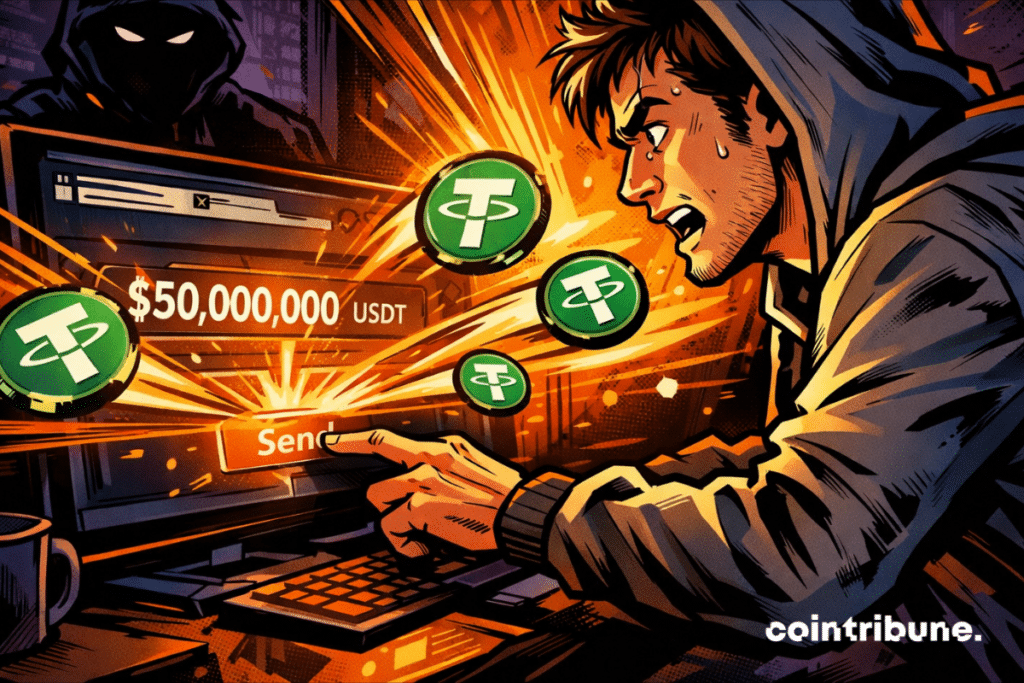 A man accidentally sends $50 million in USDT while a hacker lurks in the background.