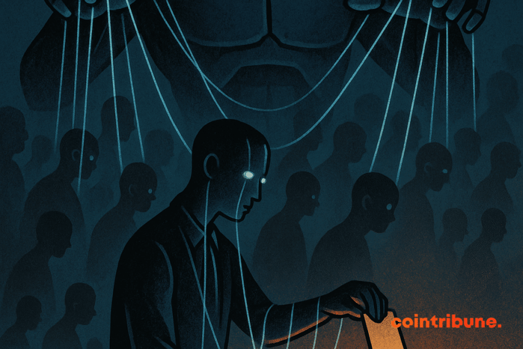 A giant robot manipulates puppet voters who vote mechanically in an orange-lit ballot box.