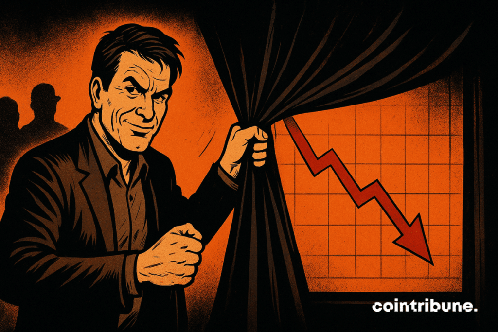 Man unveiling a curtain to reveal a sudden fall in the crypto market, dramatic black and orange atmosphere like 70s comics.