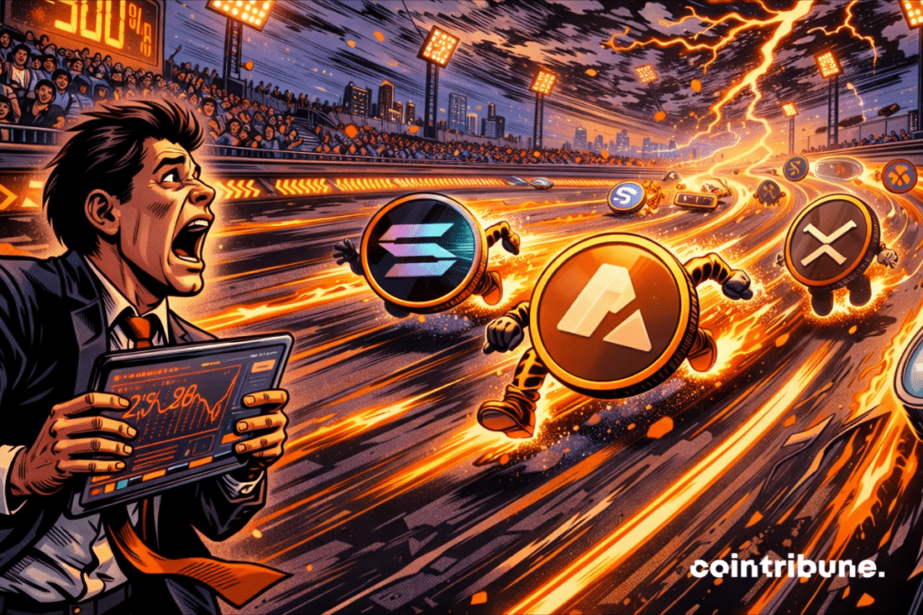 Comic-style scene of altcoin characters racing on a futuristic track, with a panicked trader watching them speed by.
