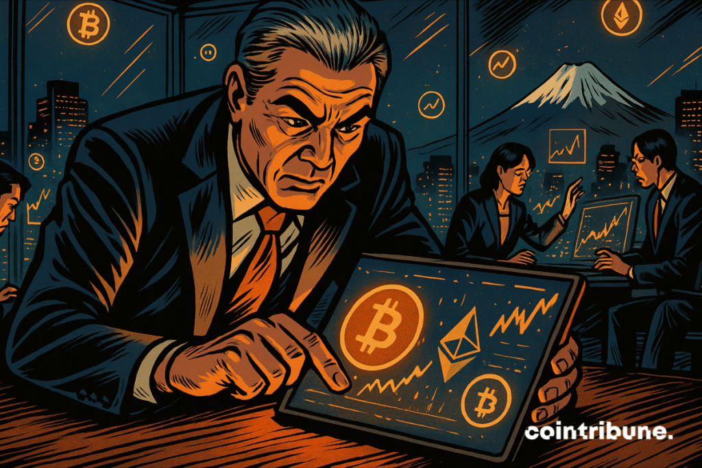 Wealthy Asian investors analyze cryptocurrency data in an office in a Tokyo skyscraper at night.