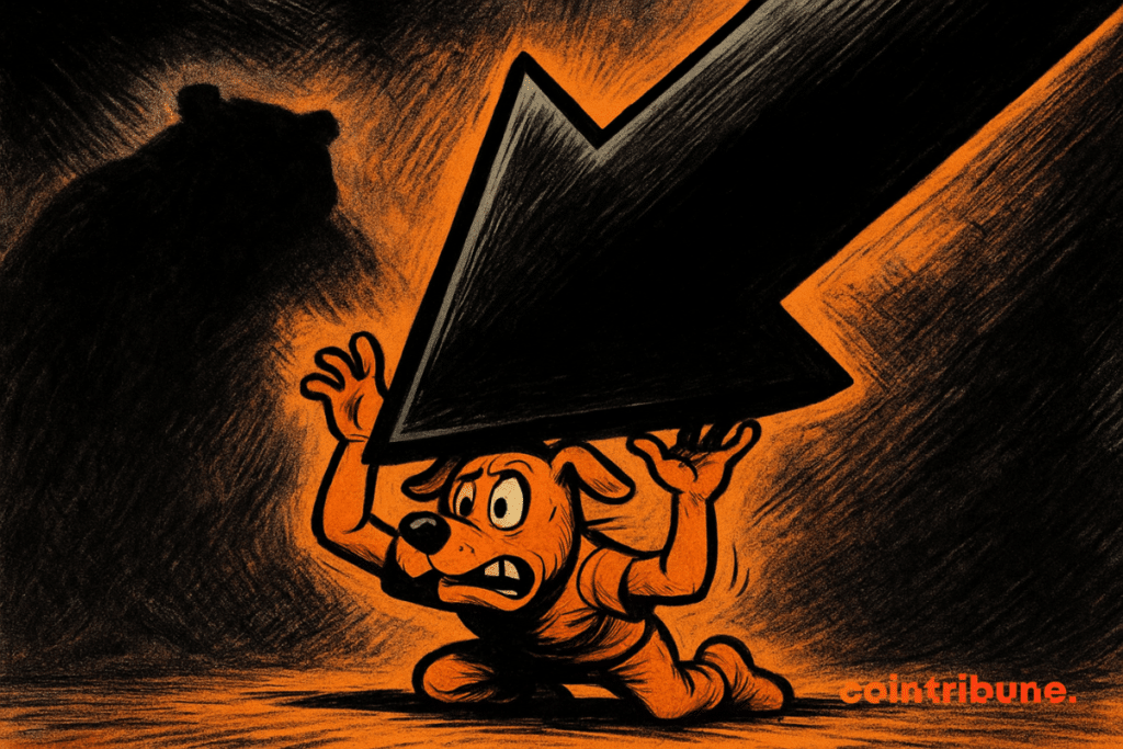 A cartoon orange dog kneels beneath a huge downward-pointing black arrow, while a menacing bear looms behind, symbolizing strong bearish pressure.