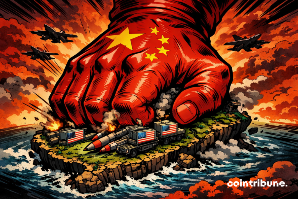 A giant red hand crushes Taiwan, crushing American weapons, under an apocalyptic sky, a symbol of Chinese military oppression.
