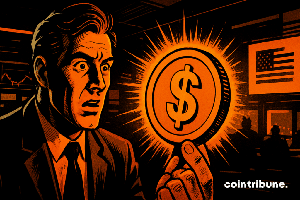 A stunned Binance trader observes a bright coin with the dollar symbol, dark atmosphere, 70s comics style, dramatic orange contrasts and political tension.