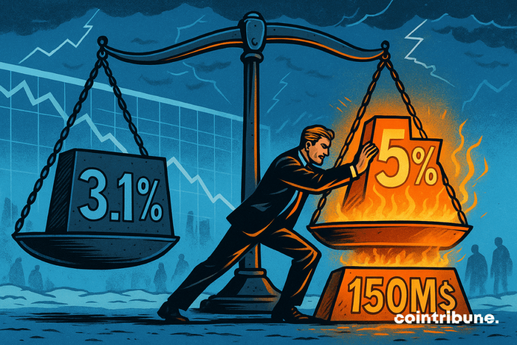 A man struggles to tip a burning scale marked