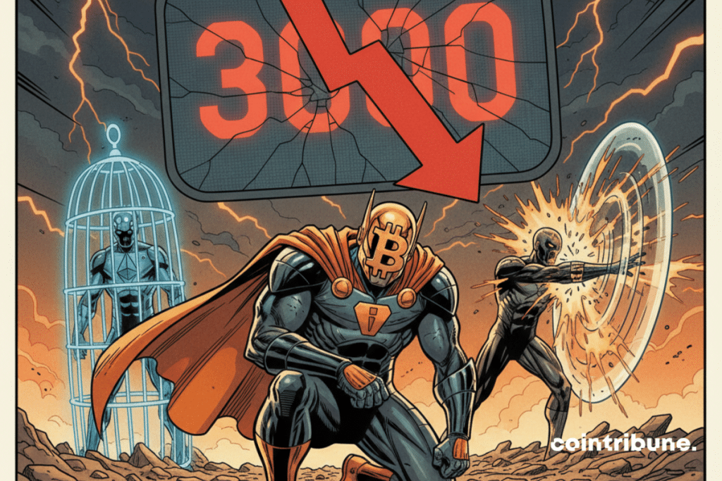 A Bitcoin hero kneeling before the number 3000, with Ethereum trapped and XRP crashing against an invisible wall.