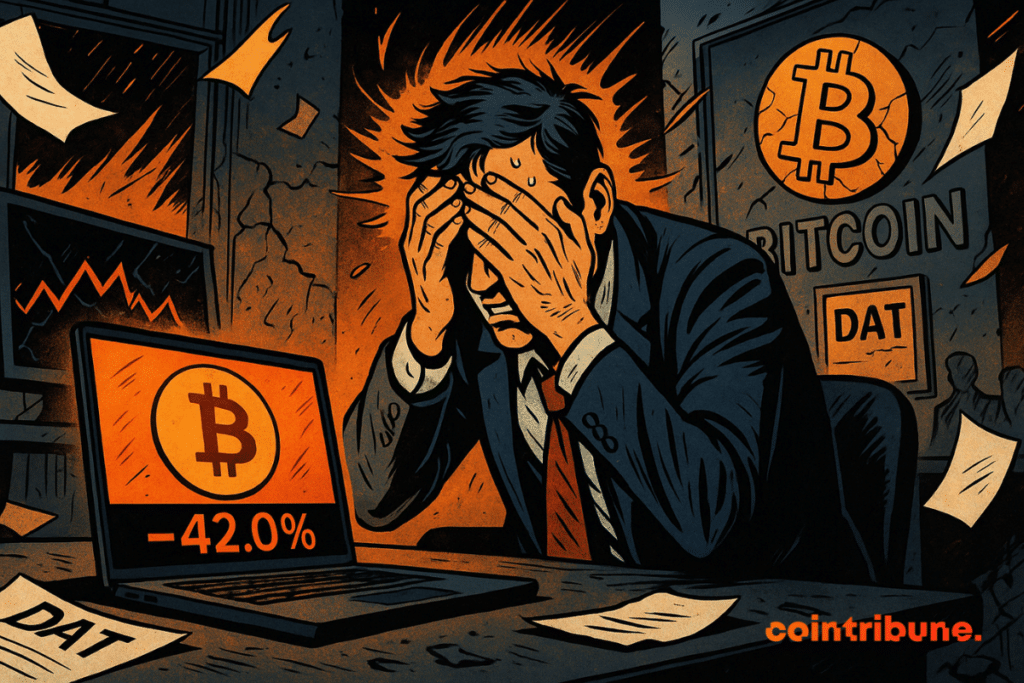 A panicked crypto executive holds his head in his hands, in front of a screen reading -42%, in a ruined office.