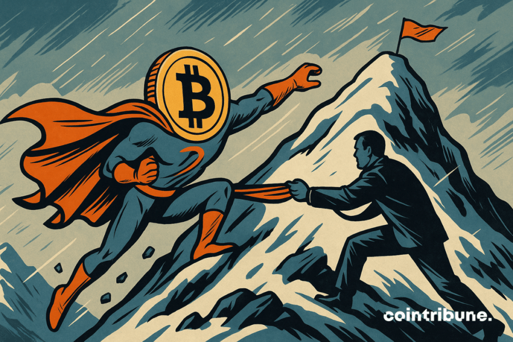 A personified Bitcoin climbs a steep slope, arm outstretched towards the summit visible in the upper right corner. An analyst representing 21Shares holds the hero by the cape.