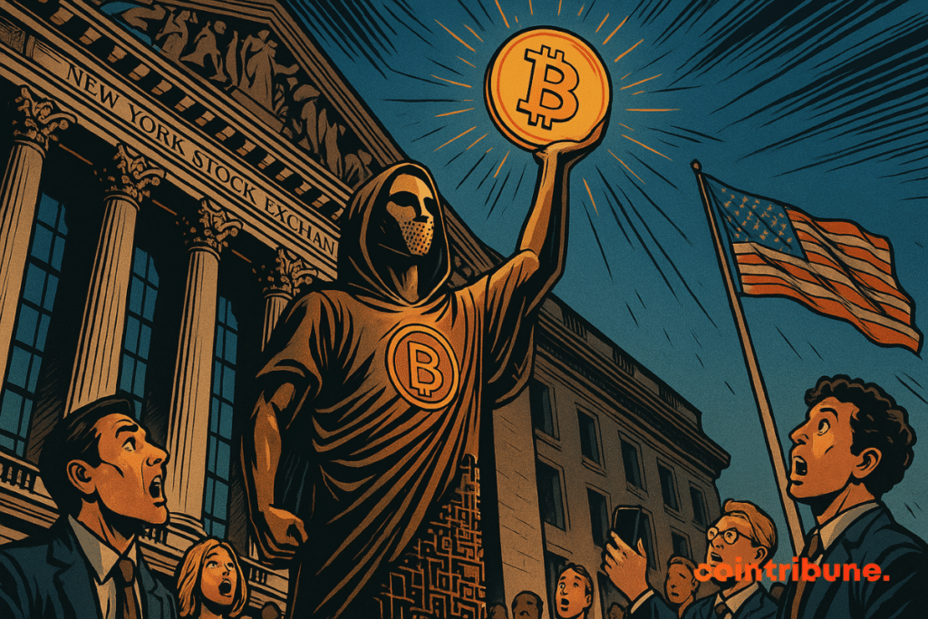 Mysterious statue of Satoshi brandishing a glowing Bitcoin in front of the New York Stock Exchange, stunned crowd, American flag flying.