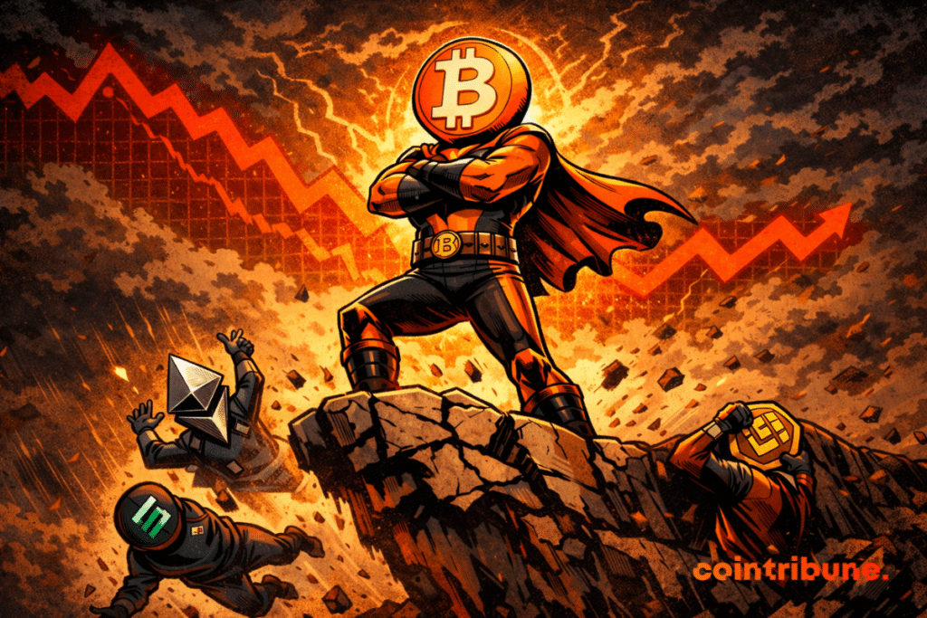 Bright Bitcoin superhero dominates broken rock, Ethereum and Binance fall, red graphs fall under stormy sky, chaos.