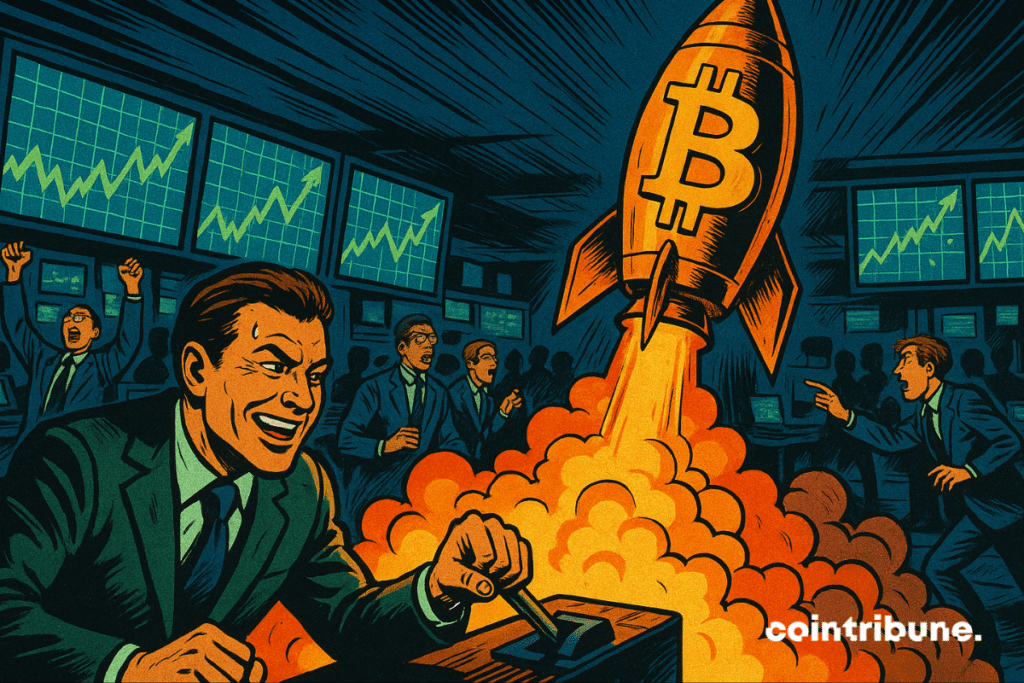 The Bitcoin rocket takes off from the trading floor to the cheers of traders, symbolizing the rise of Bitcoin.