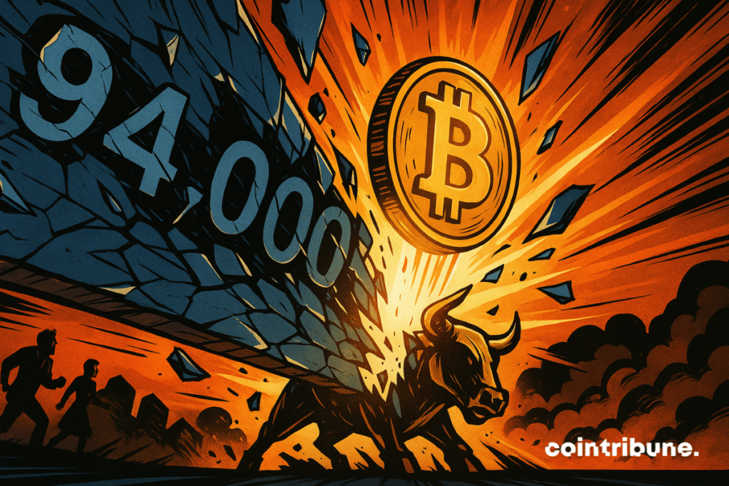 A giant Bitcoin has just broken a glass ceiling with “$94,000” written on it.