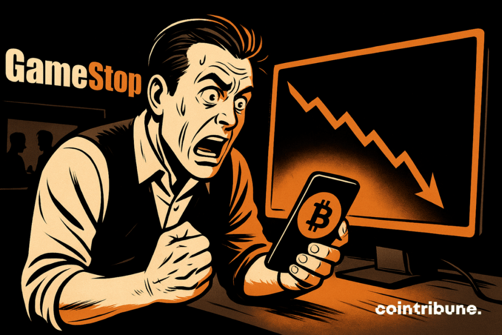 Panicked man in front of screen displaying falling Bitcoin, smartphone in hand, dark atmosphere, 70s comics style, dramatic orange light.