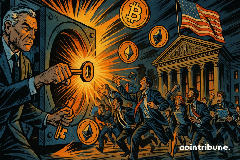 CFTC figure unlocks crypto vault as traders rush toward glowing Bitcoin and Ethereum symbols.