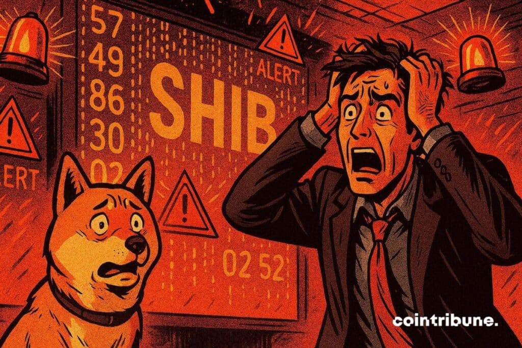 A crypto investor facing panicking Shiba Inu figures.