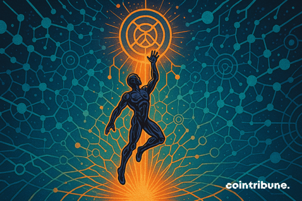 A cybernetic character rises through a fractal network. The IA Bittensor crypto network logo is at the top, like a sun or a target.