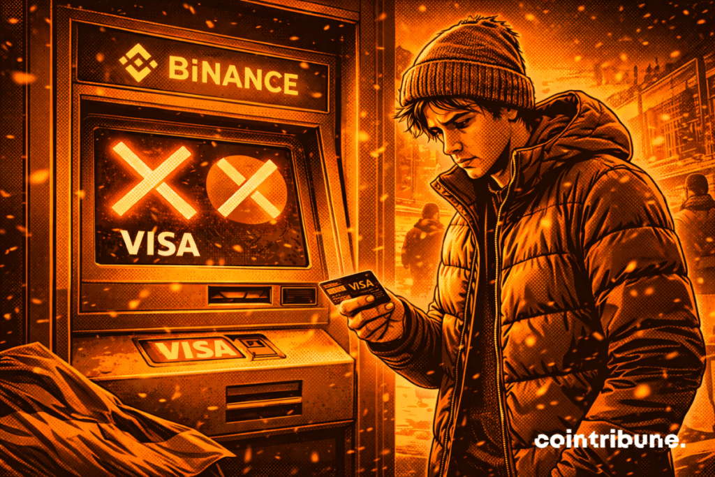 A young crypto trader from Ukraine holds his card without being able to use it, because the bank ATM linked to the Binance exchange is blocked.
