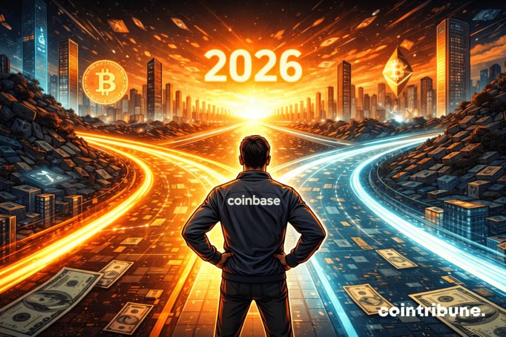 A Coinbase analyst from behind, observes the bifurcation of a Y-shaped path, with a luminous “2026” inscription at the end of the two diverging roads, which symbolizes the maturity of the crypto market.