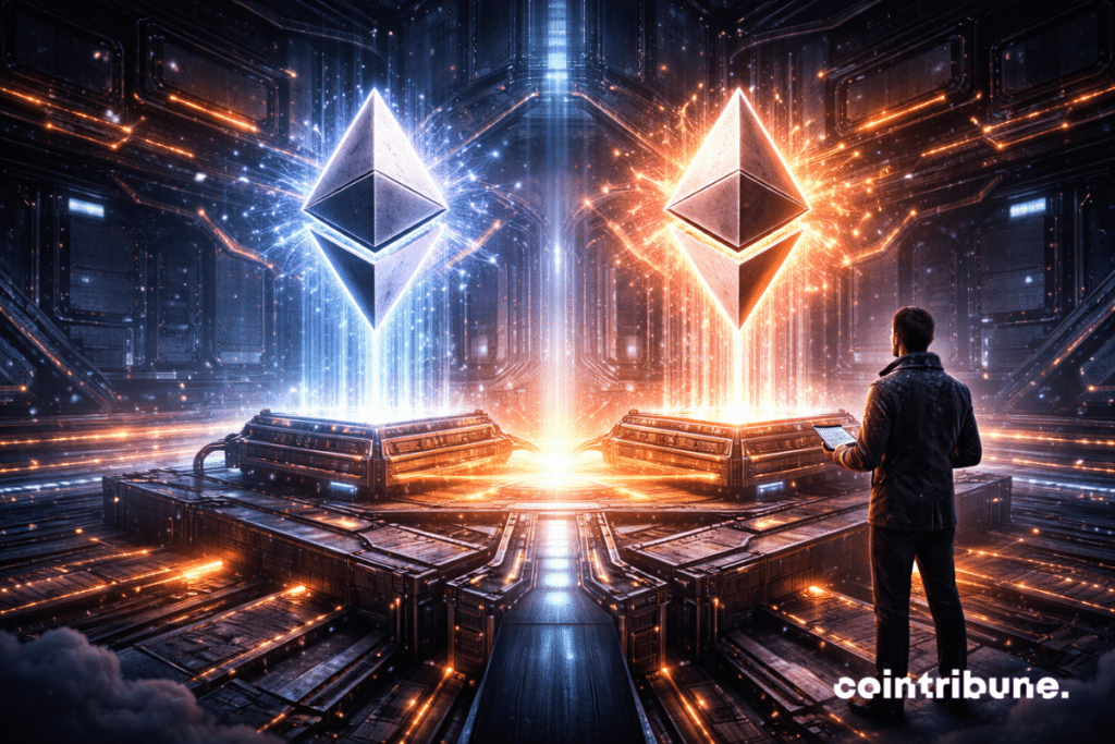 A tech engineer in a high-tech suit works on a huge futuristic structure in the shape of a giant processor with two Ethereum crypto modules floating above.