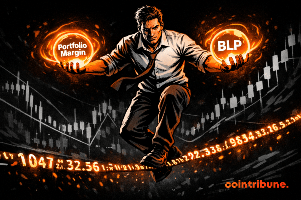 Trader balancing on glowing numbers, holding two orange spheres symbolizing Hyperliquid innovation and advanced crypto financial tools