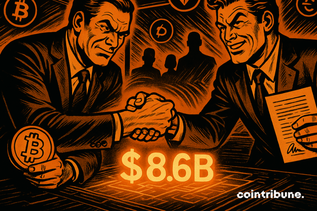 Two businessmen shake hands around an illuminated table, sealing an $8.6 billion cryptocurrency deal.