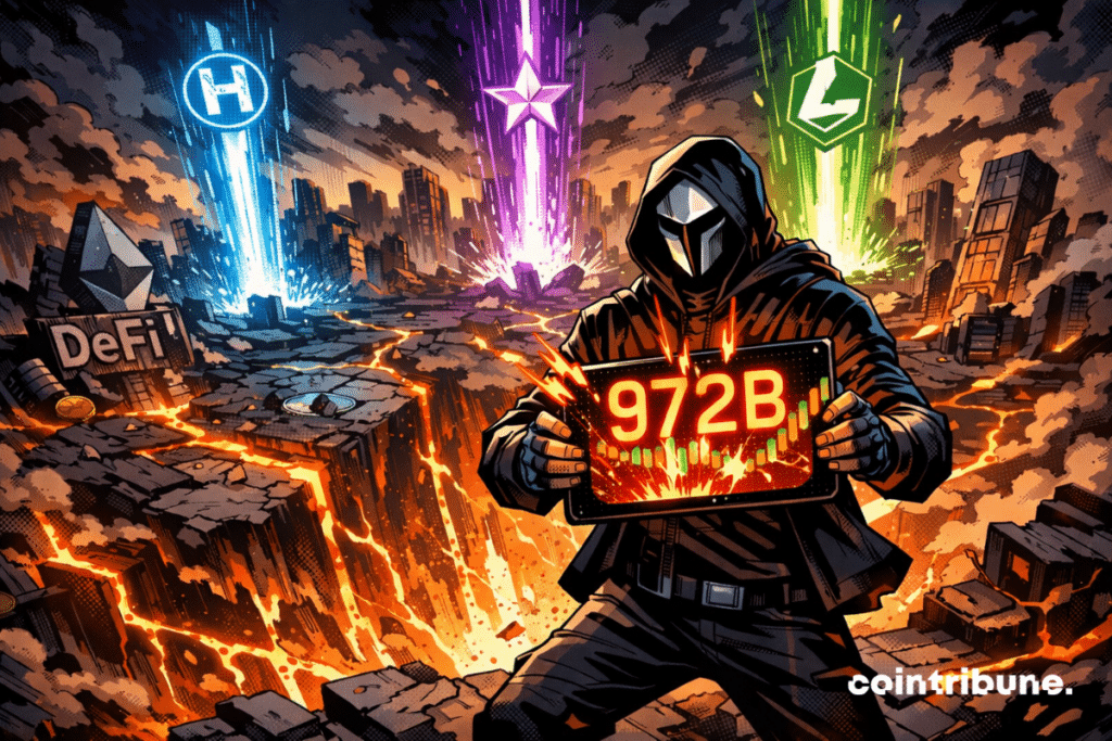 A masked figure towers over a fractured DeFi city, holding a tablet "972B"while three energy beams explode around.